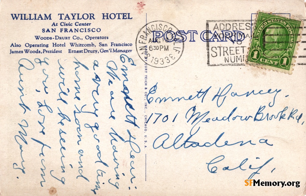 Reverse: William Taylor Hotel